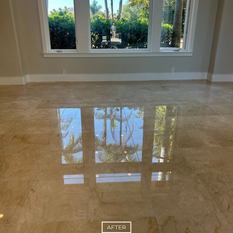 Restored marble floor with clear reflection after polishing and sealing