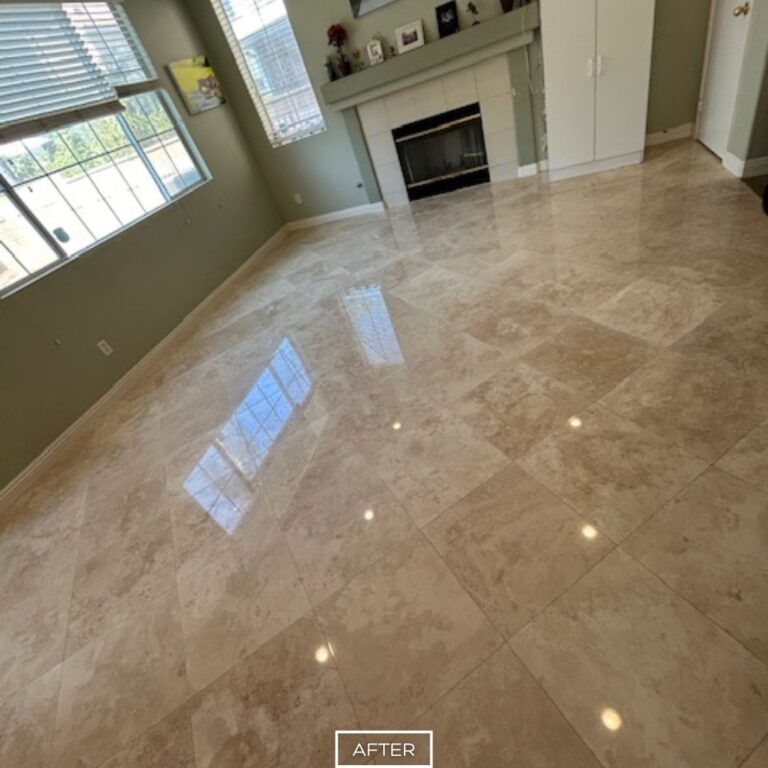 After travertine floor restoration in Orange with polished finish and enhanced natural color.