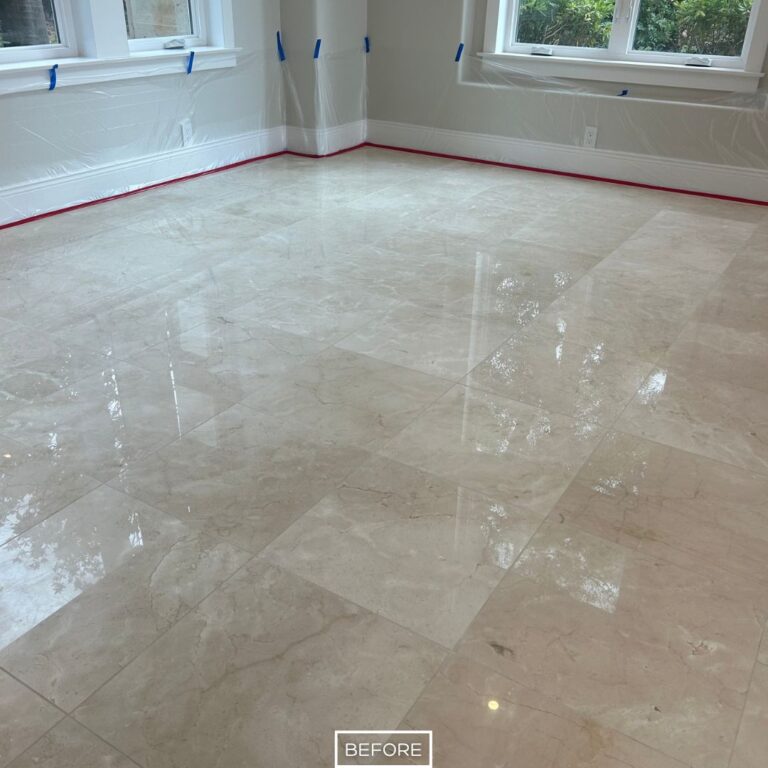 Before photo during StoneShine marble floor polishing in Irvine showing light dullness.