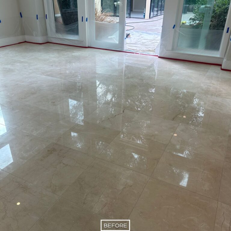 Marble floor before polishing with haze and low reflection in Irvine home