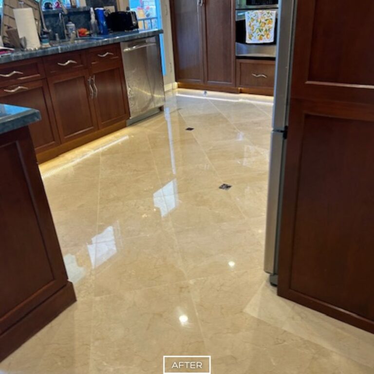 Restored marble floor in Palm Springs with polished shine and smooth reflective surface