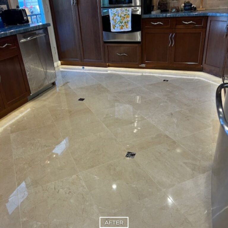 Polished marble kitchen floor in Palm Springs after grinding honing and sealing process