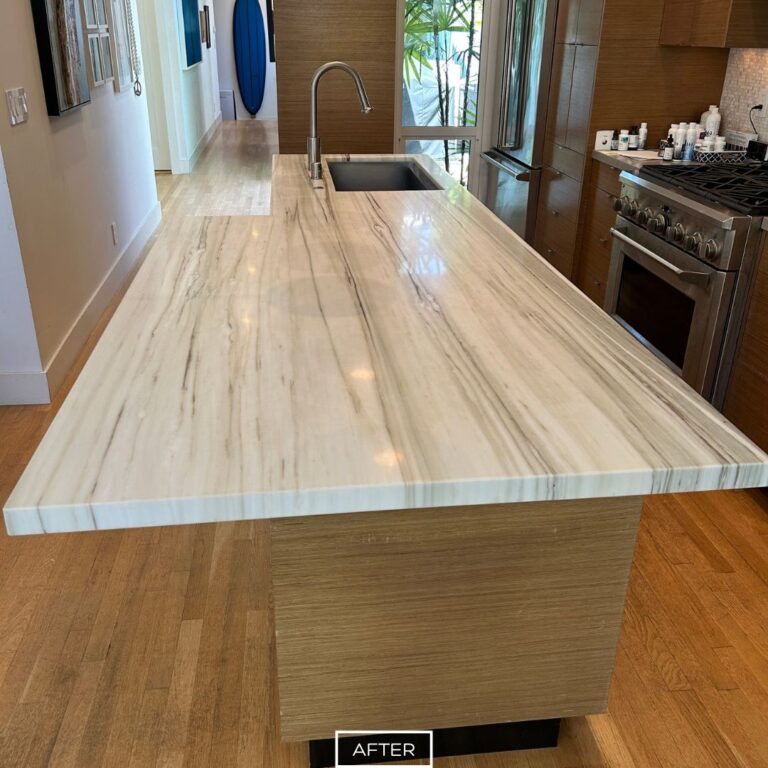 Restored marble kitchen island in Palos Verdes Estates with polished finish