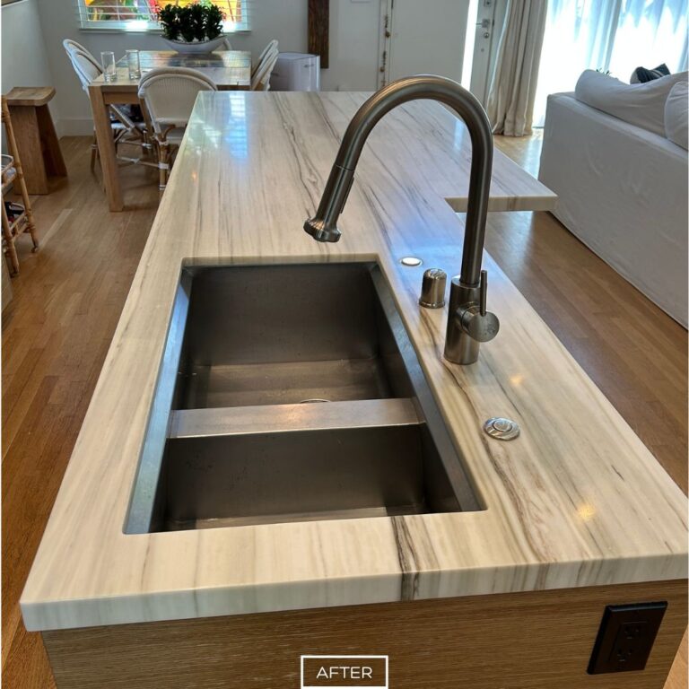 Marble kitchen island sink area after polishing in Palos Verdes Estates