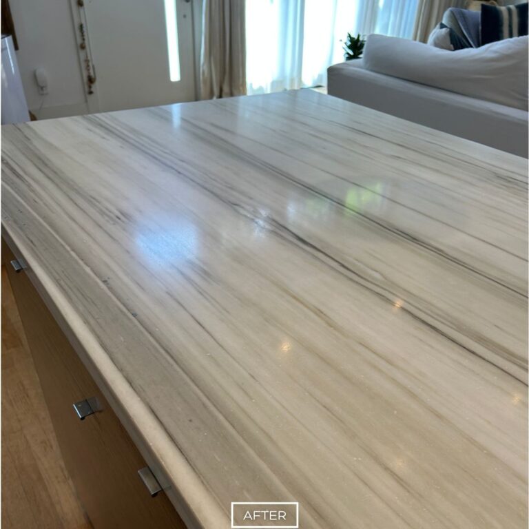 Finished marble kitchen island restoration in Palos Verdes Estates