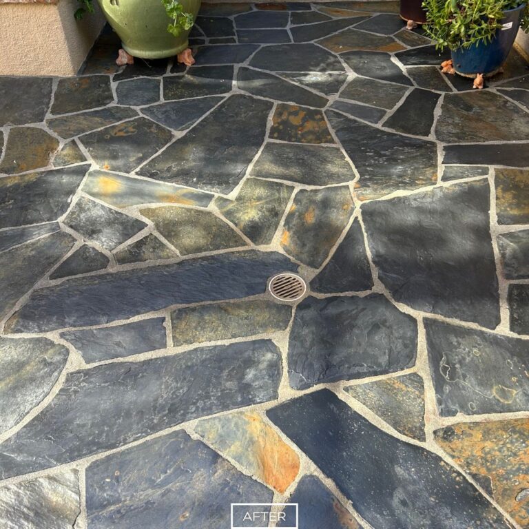 Cleaned slate patio with enhanced color after restoration in Irvine