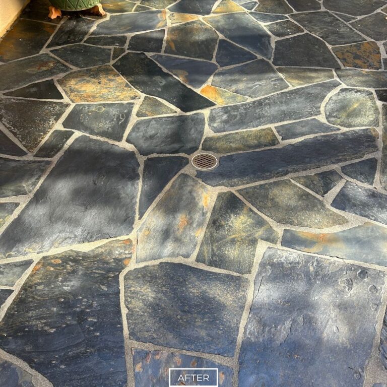 Final slate patio result with natural look and protection in Irvine