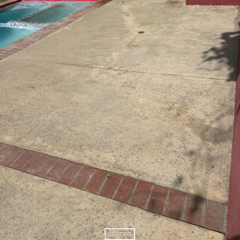 Before pool deck resurfacing in Manhattan Beach showing dirt buildup and spotting