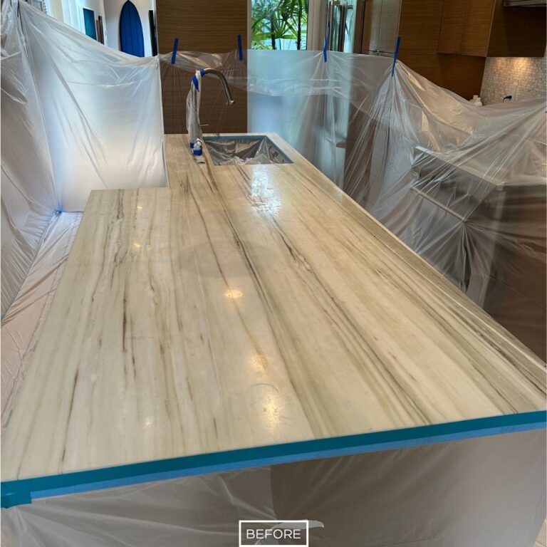 Before marble kitchen island restoration in Palos Verdes Estates showing dull surface
