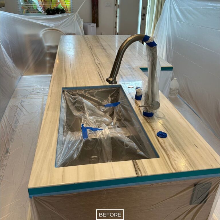 Marble kitchen island sink area before polishing in Palos Verdes Estates