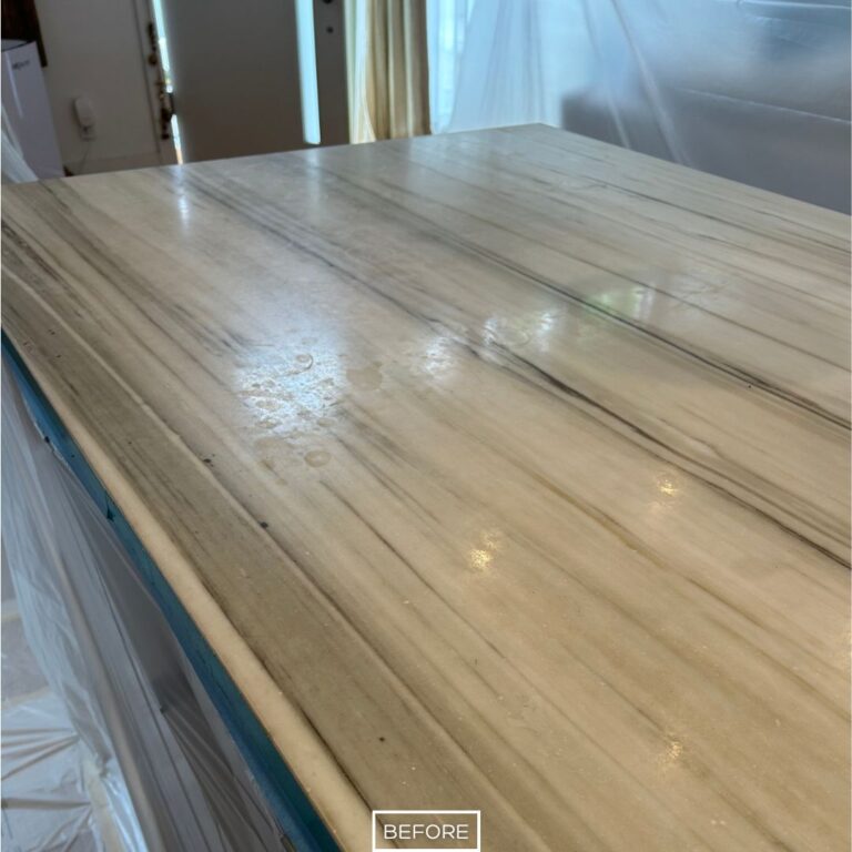 Close up of worn marble island surface before restoration Palos Verdes Estates